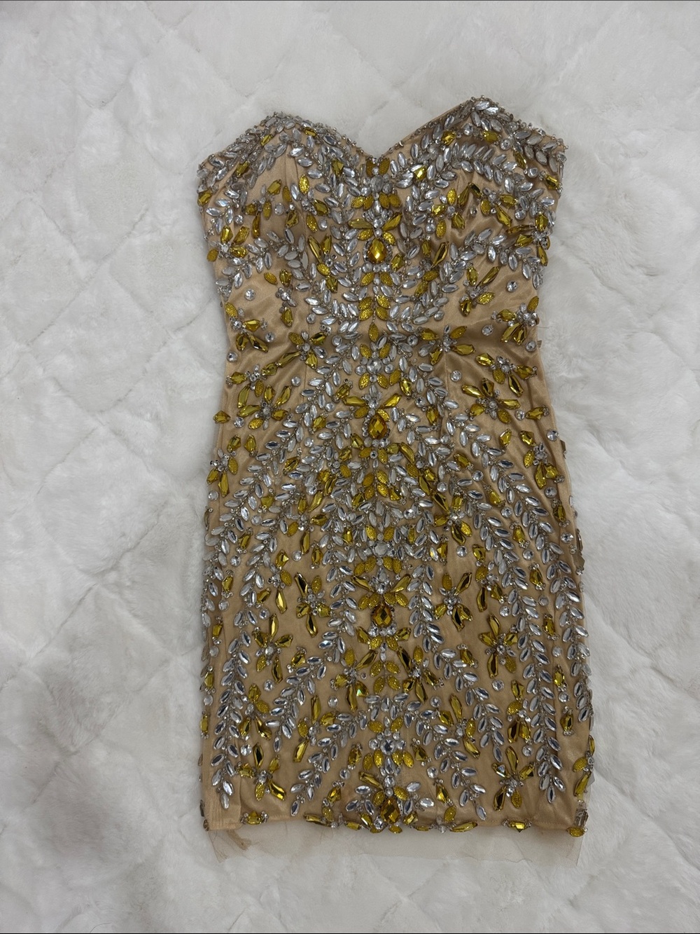 Jovani Beige Strapless Cocktail Dress with Gold and Silver Embellishments